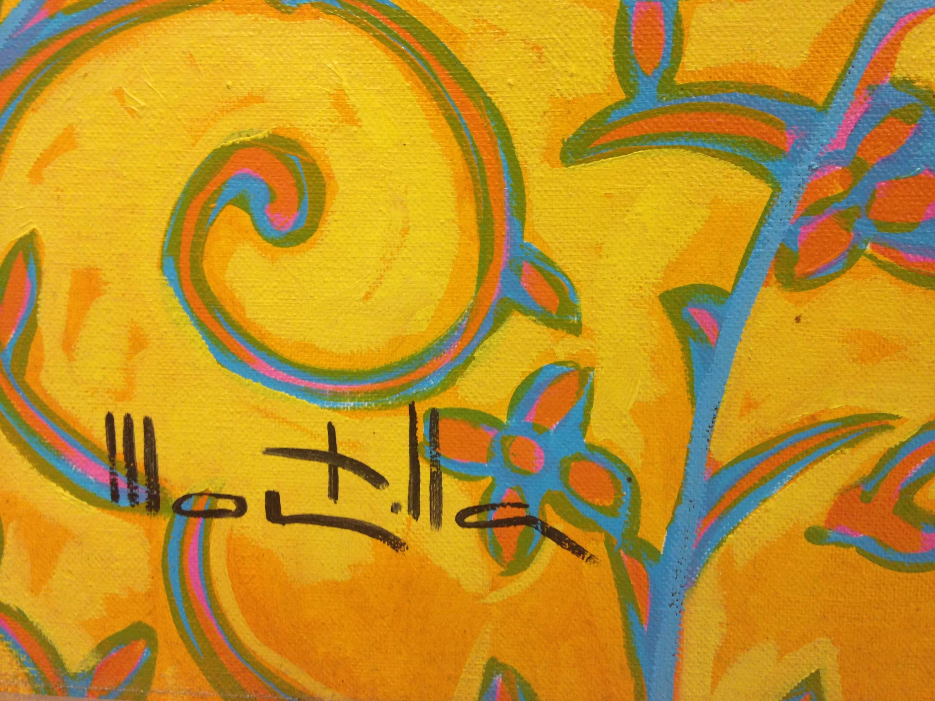 Des oranges. Huile sur toile Montilla. Nature morte expressionniste orange, Yelow, fuchsia - Expressionniste Painting par Chico Montilla