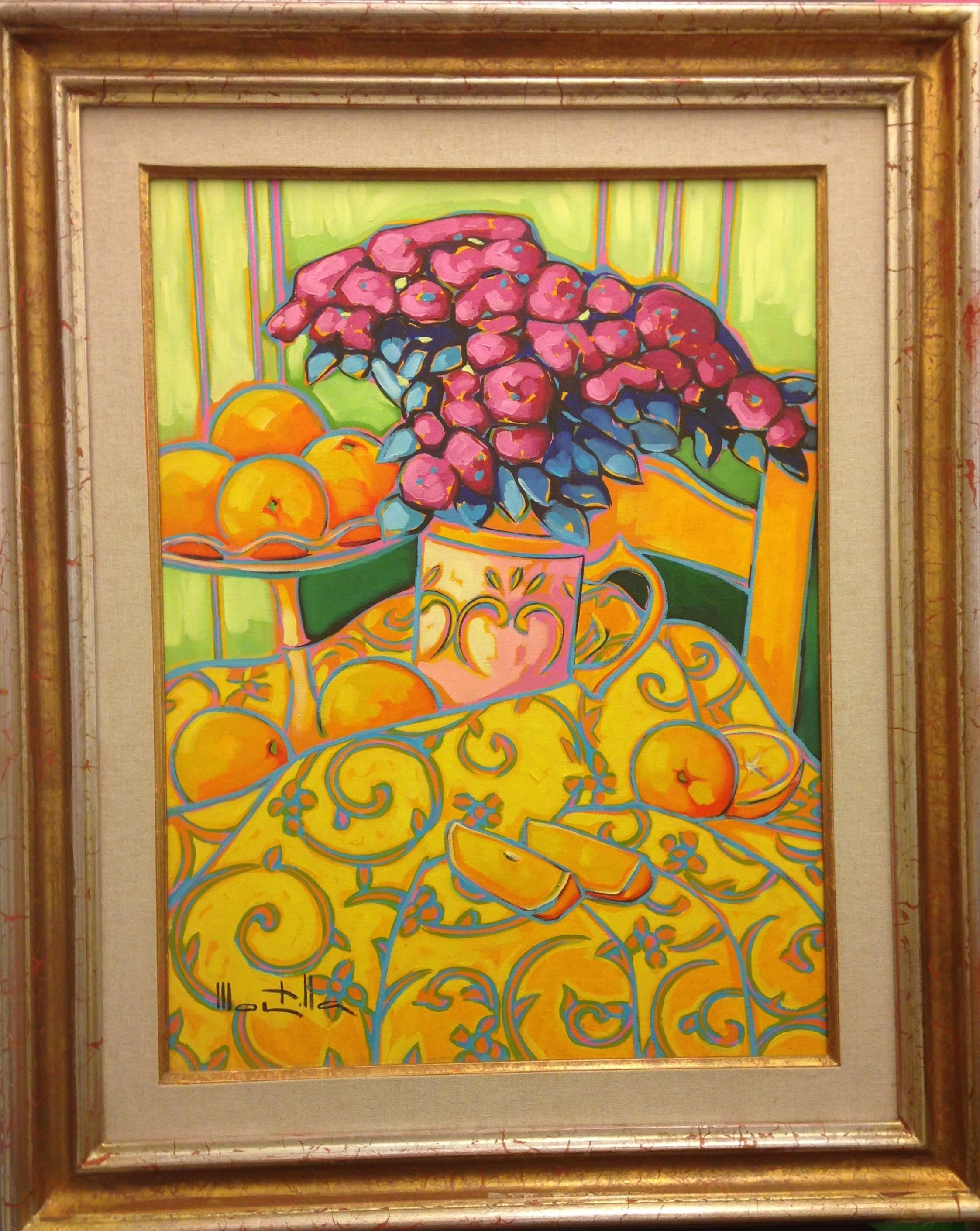Des oranges. Huile sur toile Montilla. Nature morte expressionniste orange, Yelow, fuchsia - Orange Figurative Painting par Chico Montilla