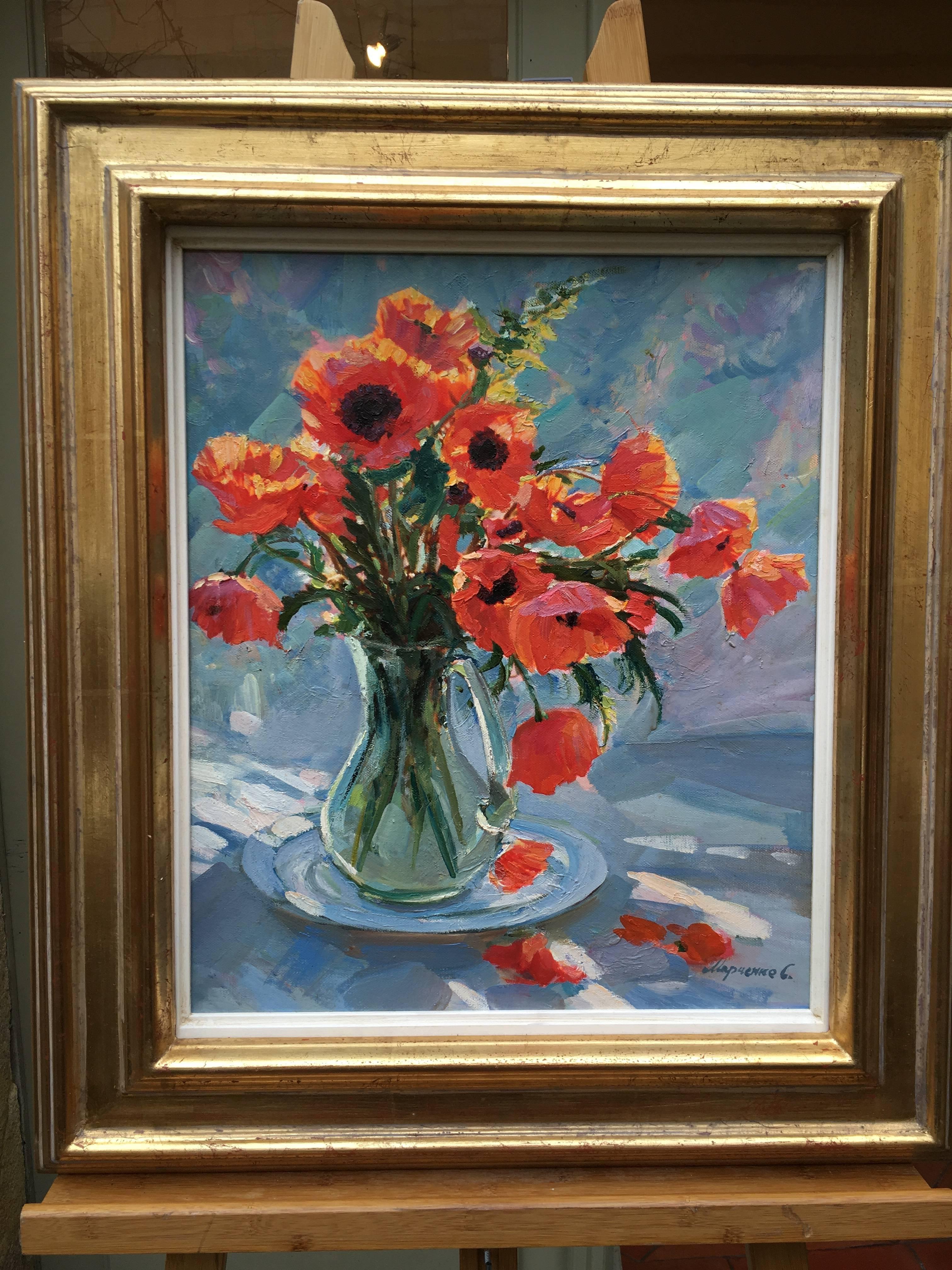 The Poppies. Marchenko Impresionist vase with flowers. Oil con canvas still-life - Brown Figurative Painting by Sergey Marchenko