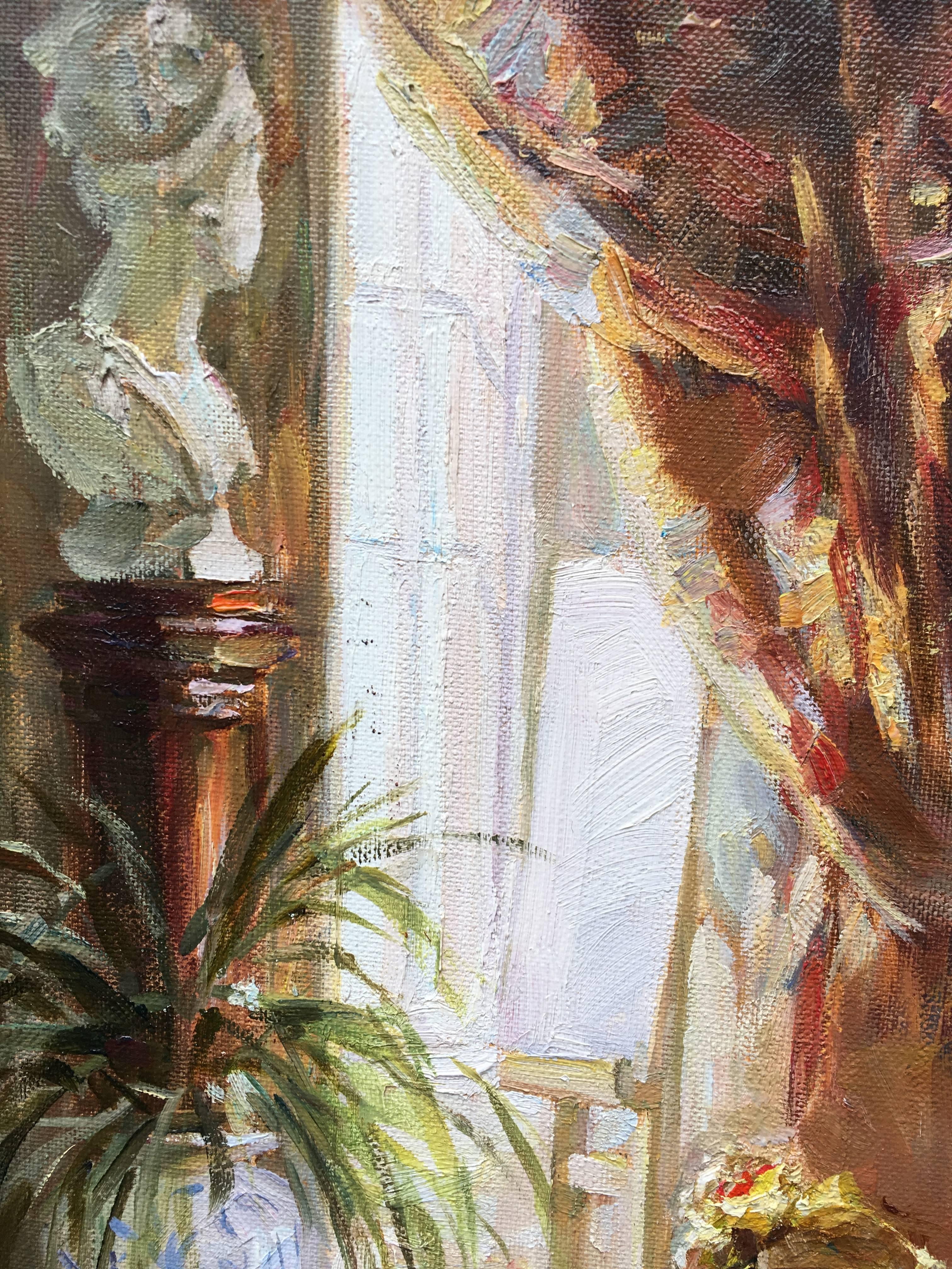 Das Atelier des Künstlers Ölgemälde Serguey Marchenko Junges Mädchen im Raum, Gemälde auf Leinwand  (Braun), Portrait Painting, von Sergey Marchenko
