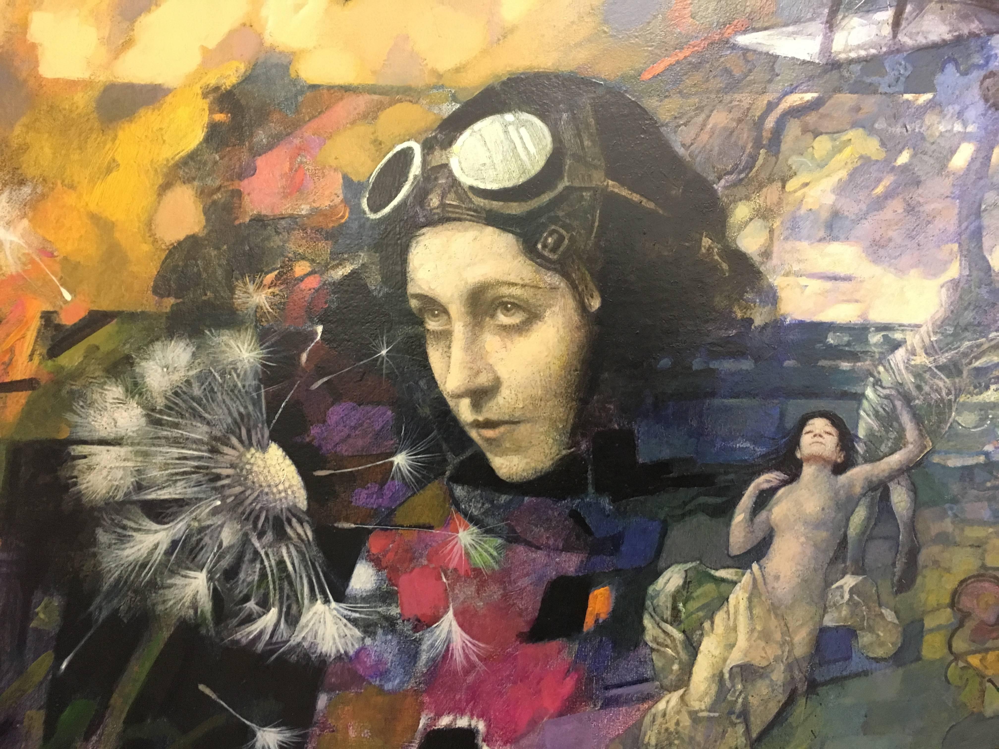 Flight II. Amy Johnson. Surrealistic portrait of pioneering British aviator - Painting by Tom Adams