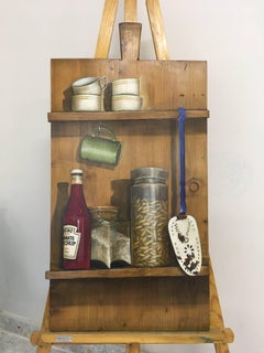 Serenidad. Oil/cutting board Trompe-l'oeil. Cups, jars, Heinz ketchup still-life