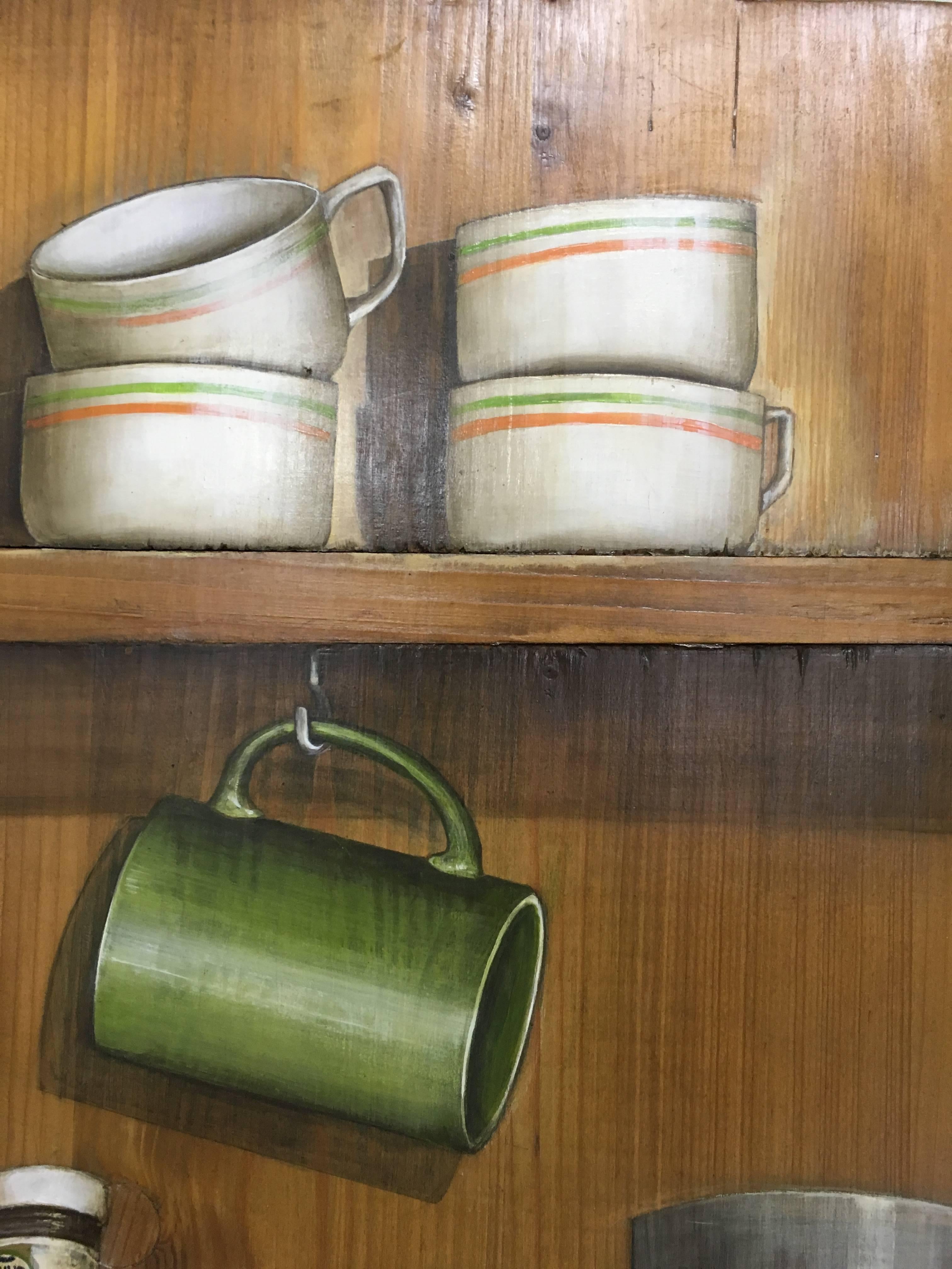 Serenidad. Oil/cutting board Trompe-l'oeil. Cups, jars, Heinz ketchup still-life - Painting by Angela F. Ayensa