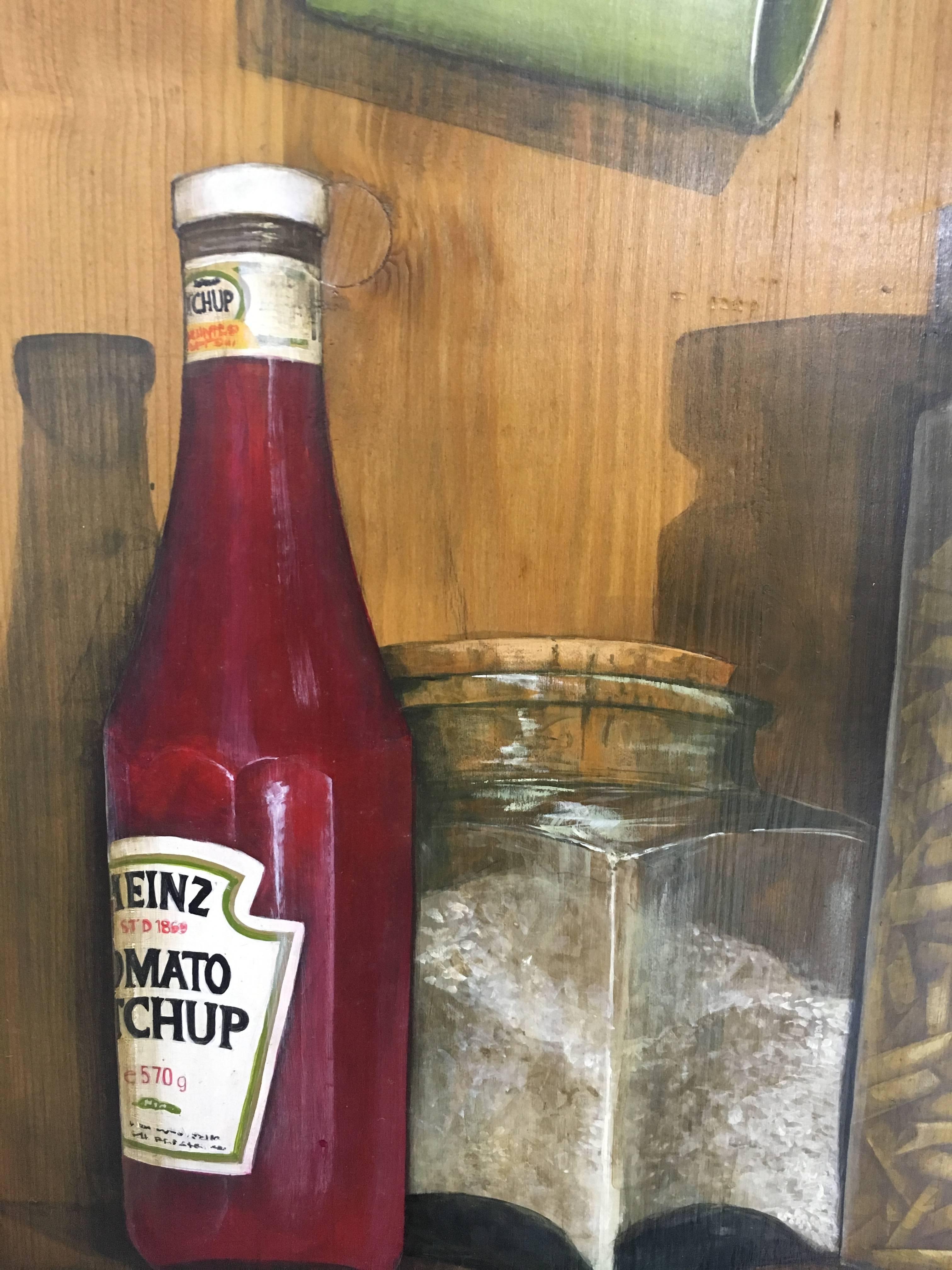 Sérénité. Huile/planche à découper Trompe-l'oeil. Tasses, pots et natures mortes Heinz ketchup - Réalisme Painting par Angela F. Ayensa