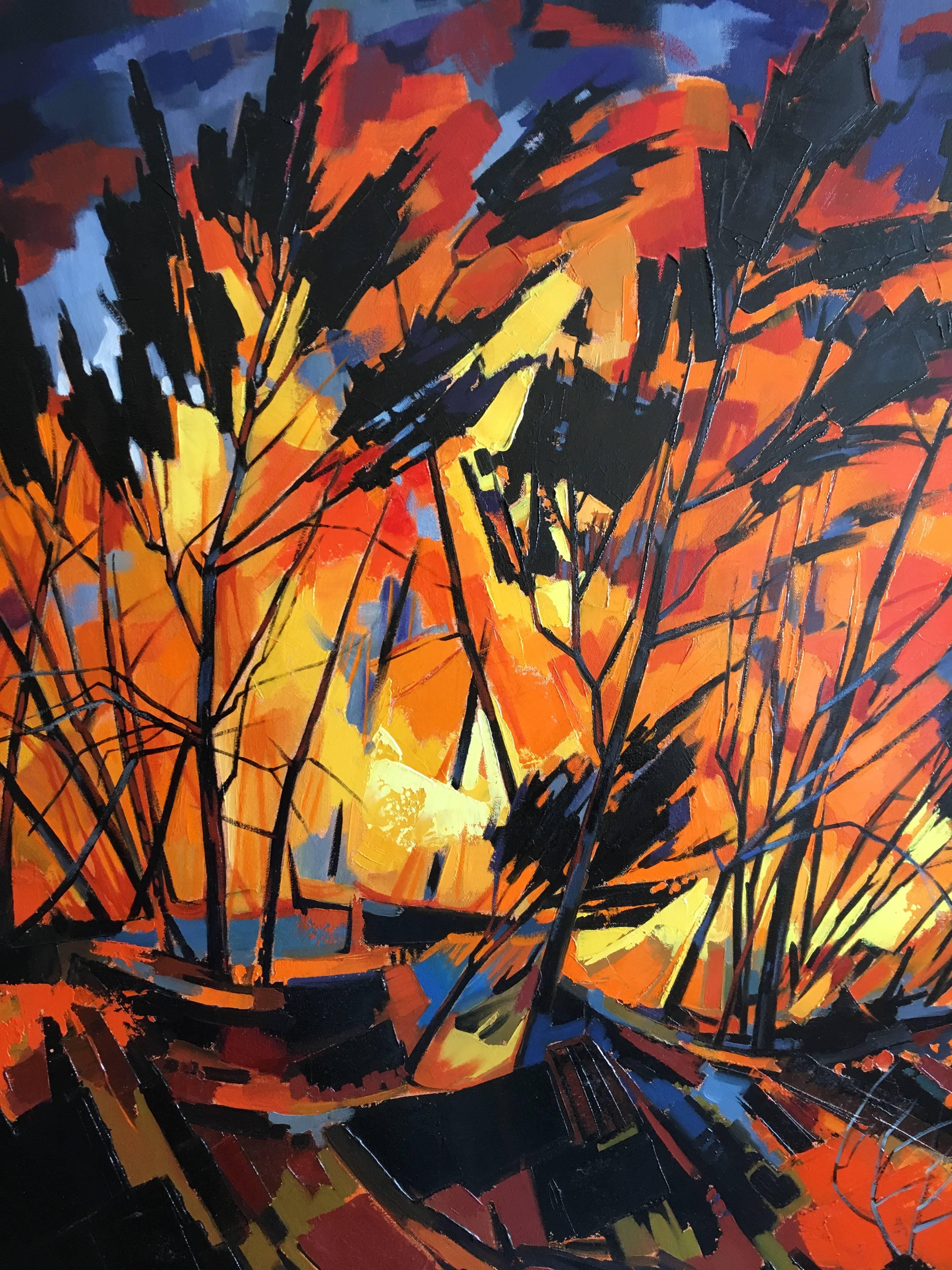 Fire in The Landes forest, expressionist landscape - Painting by Jori Duran