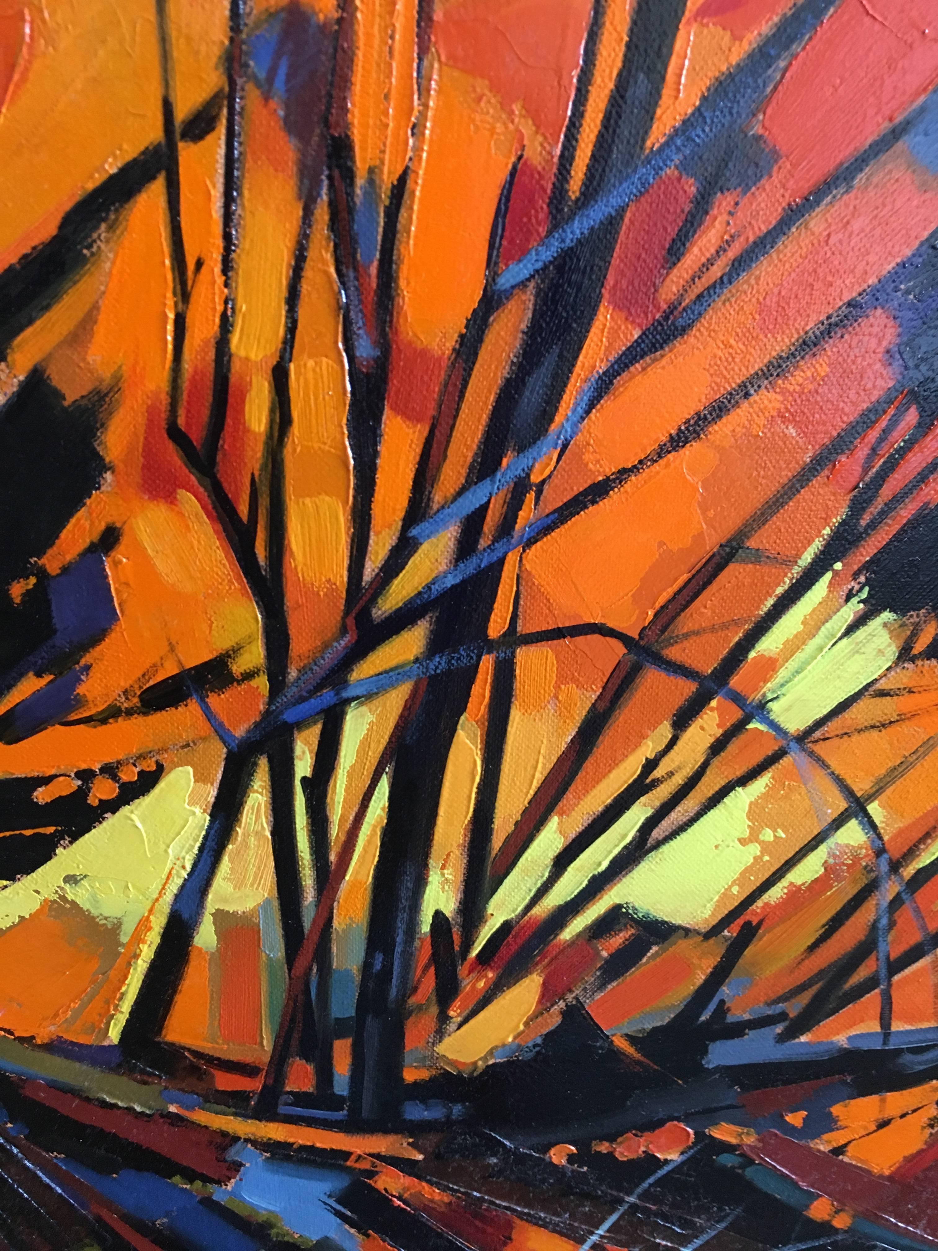 Fire in The Landes forest, expressionist landscape - Black Figurative Painting by Jori Duran
