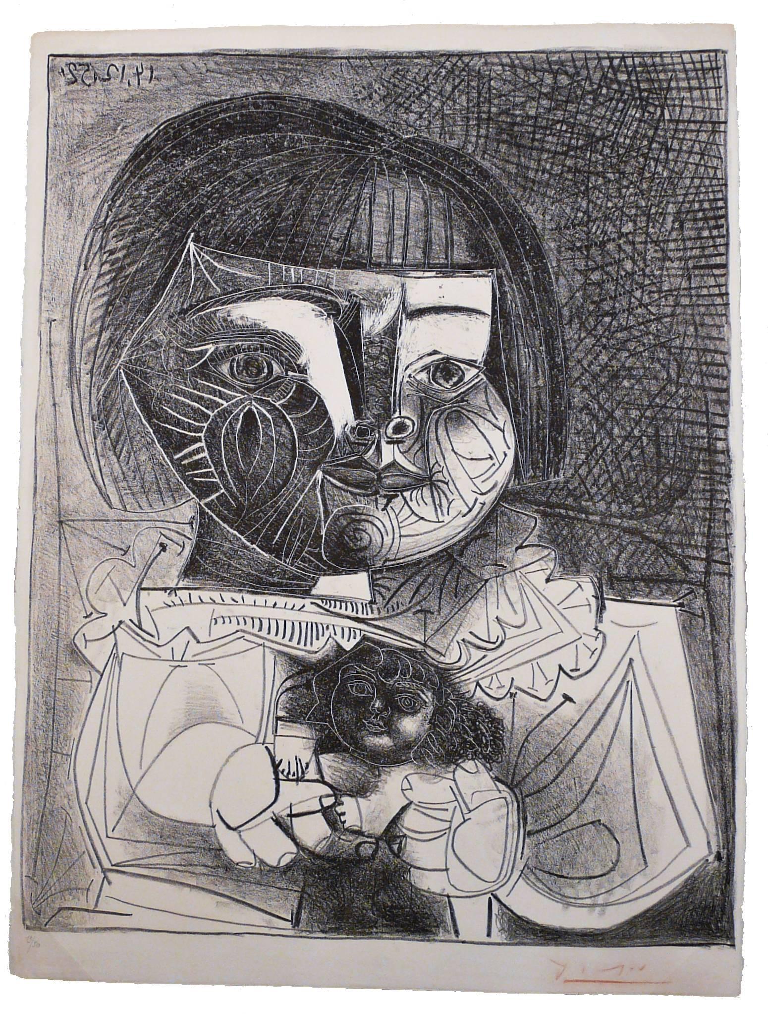 Pablo Picasso Portrait Print - Paloma et sa Poupée sur Fond Noir (Bloch 727)