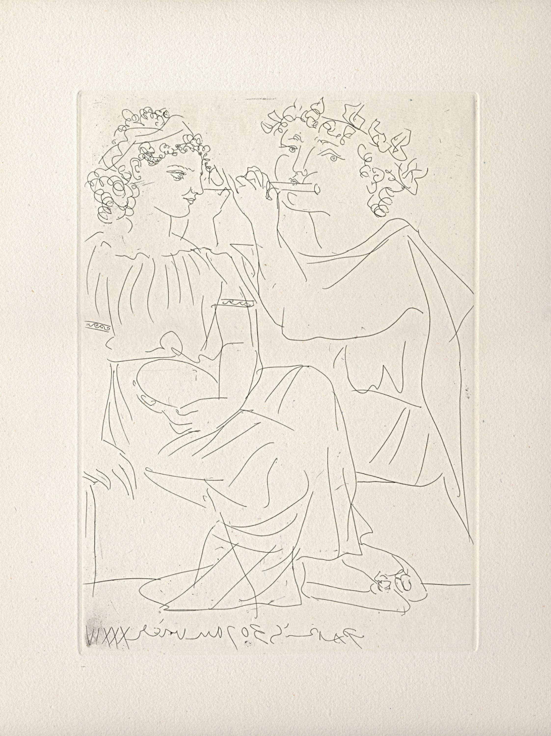 Pablo Picasso Figurative Print - Flûtiste et Jeune Fille au Tambourin (Bloch 213)