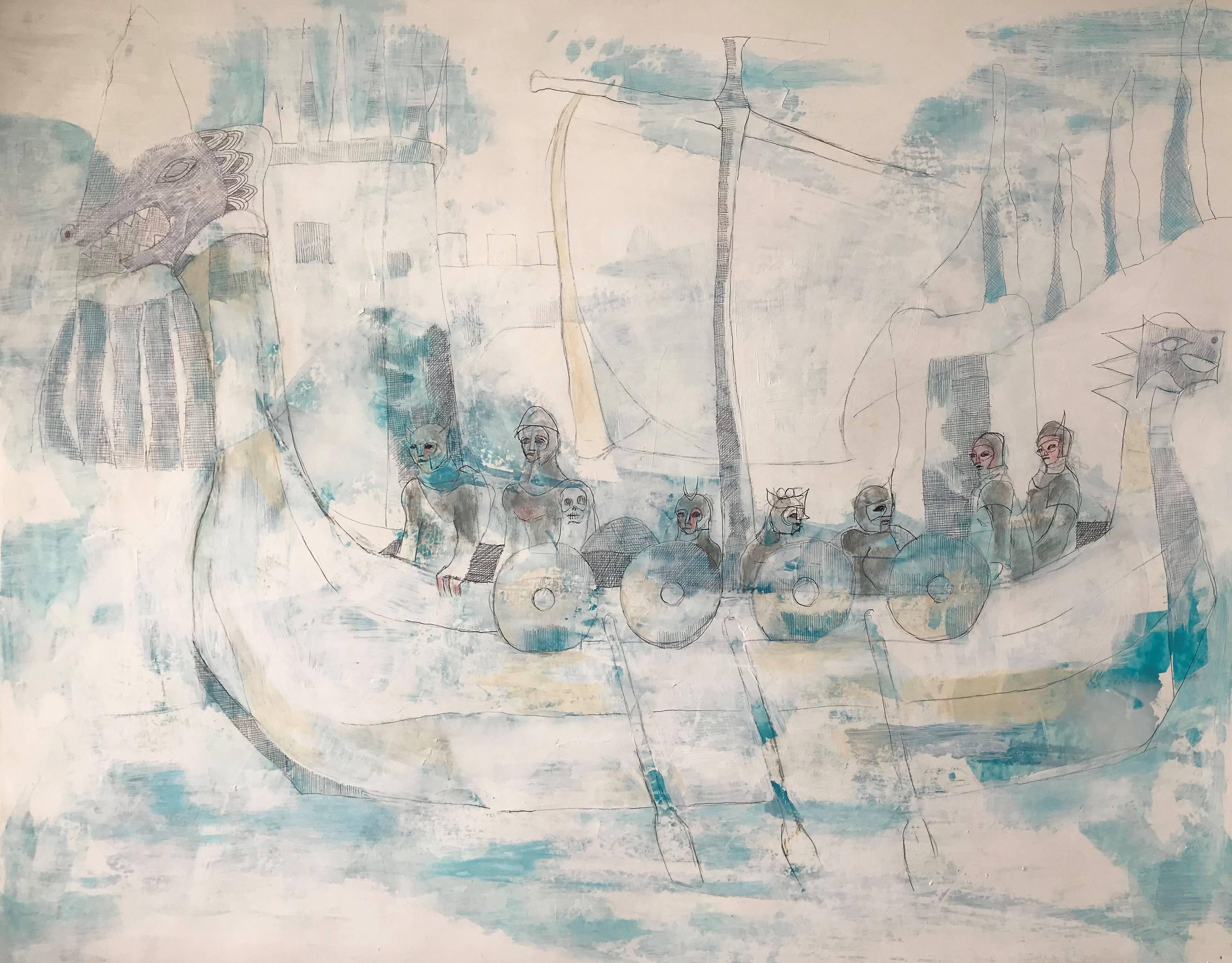 Bai (Carl Karni-Bain) Figurative Painting - Journey of the Ice Ship, acrylic, ink, work on paper, signed by the artist