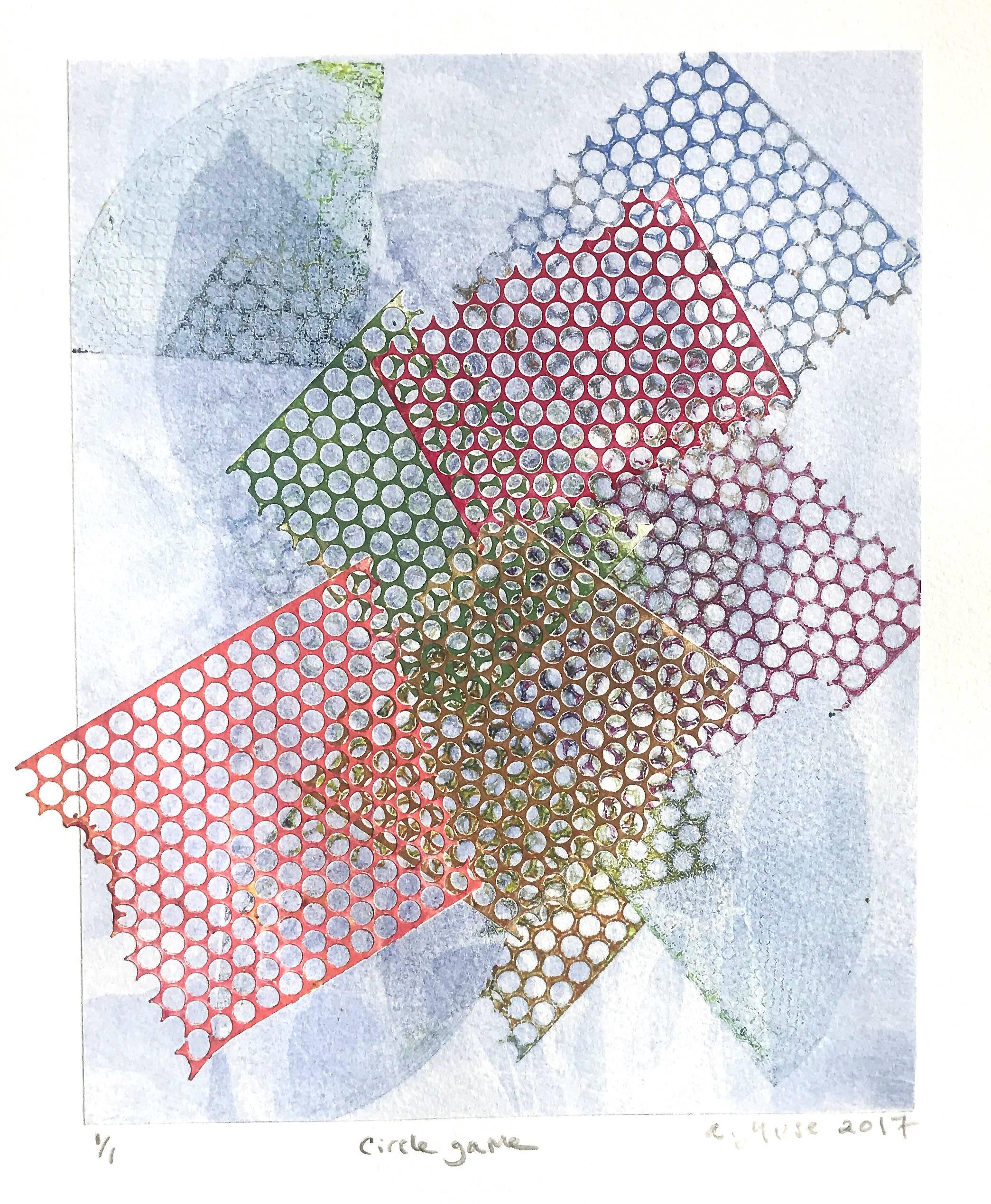 Circle Game, a work on paper, by a.muse, 2017 is a viscosity inked monotype. The print, the result of an intaglio process (printmaking), is an original, part of a series of (6) images (a hexaptych), 15" x 11", with unique titles.  The series, What