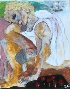 Ragvaal Picking Berries, acrylic, oil stick, work on paper, signed
