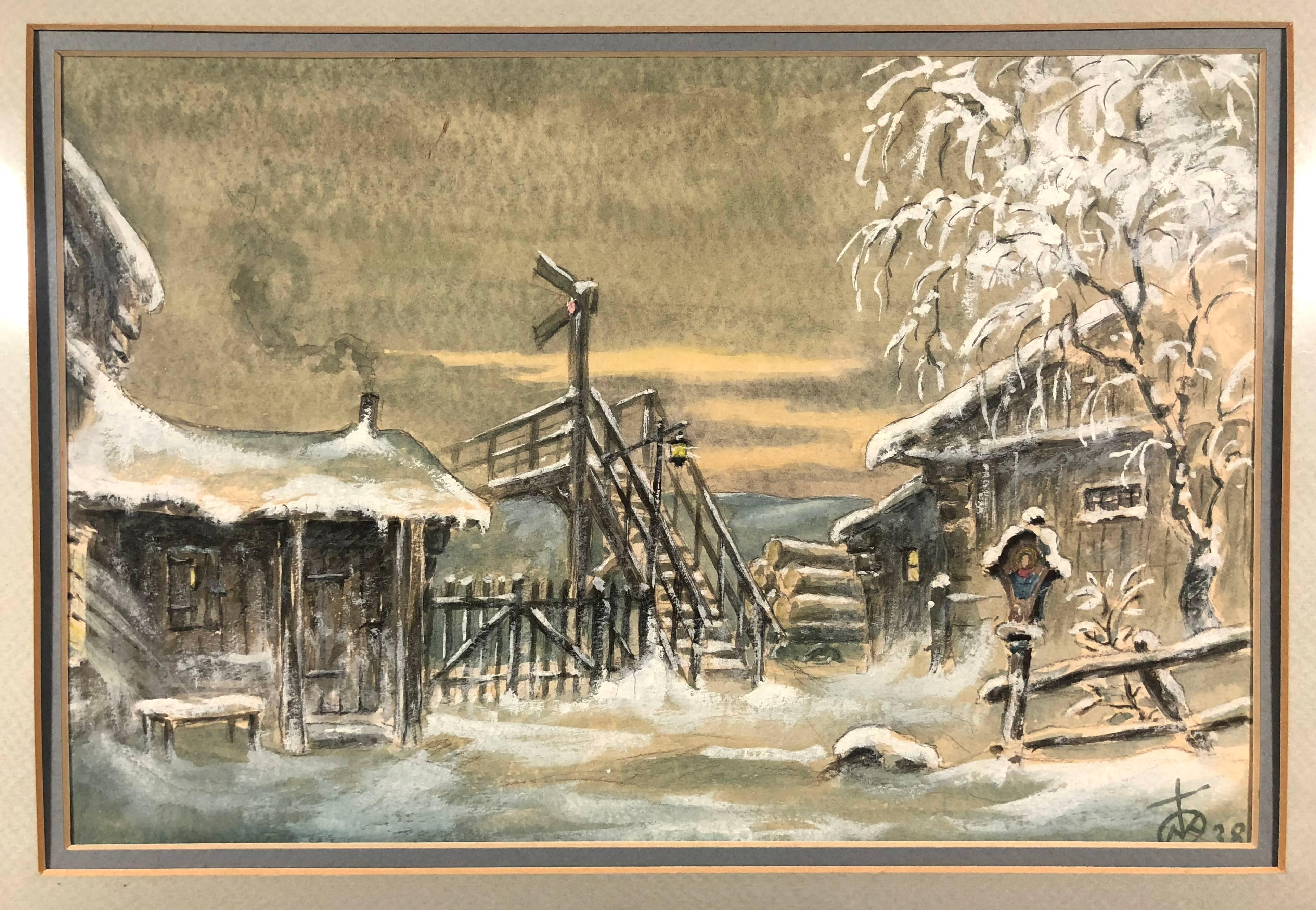 Unknown Landscape Art - Winter Cabin Scene 1938
