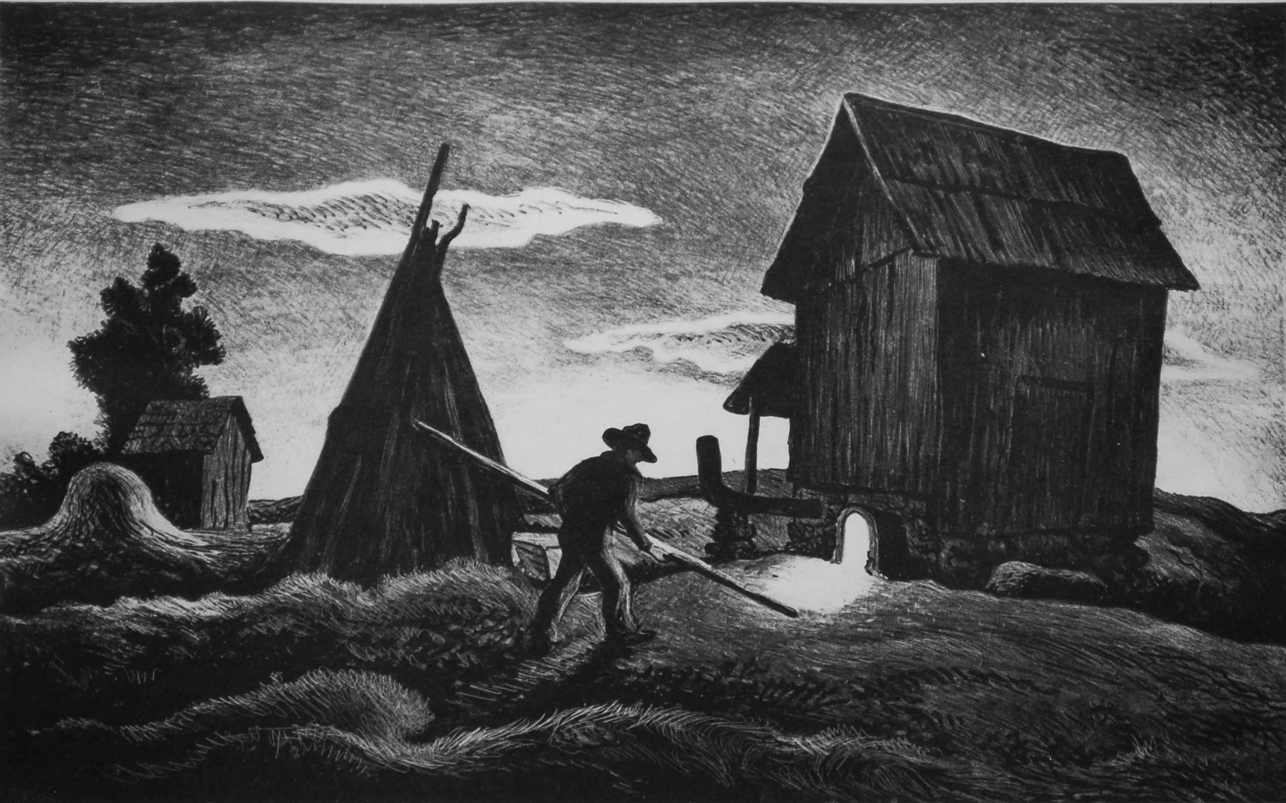 Thomas Hart Benton Landscape Print - Night Firing (Tobacco Firing)