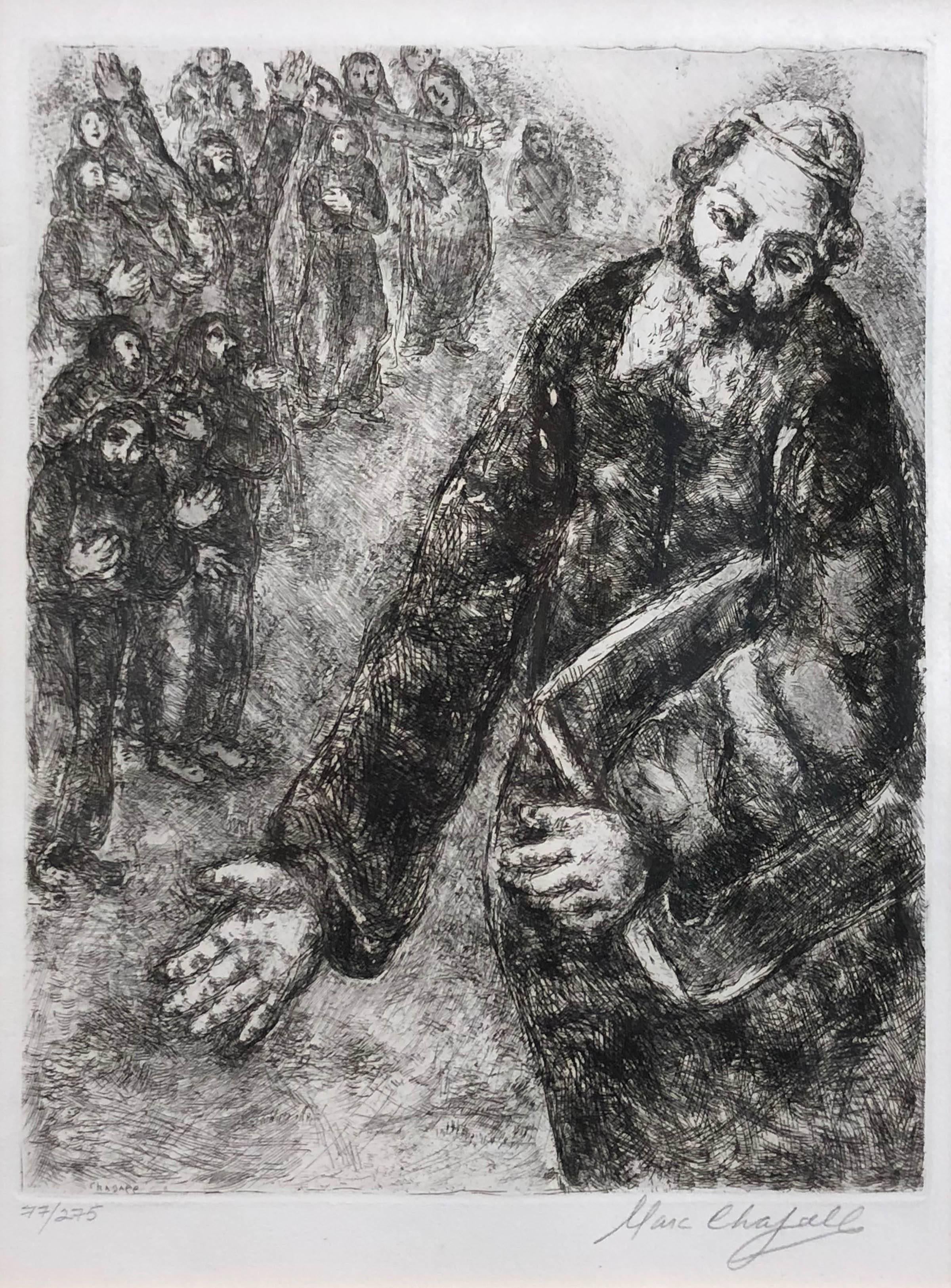 (after) Marc Chagall Figurative Print – Joshua liest das Wort des Gesetzes (Bleistift signiert)