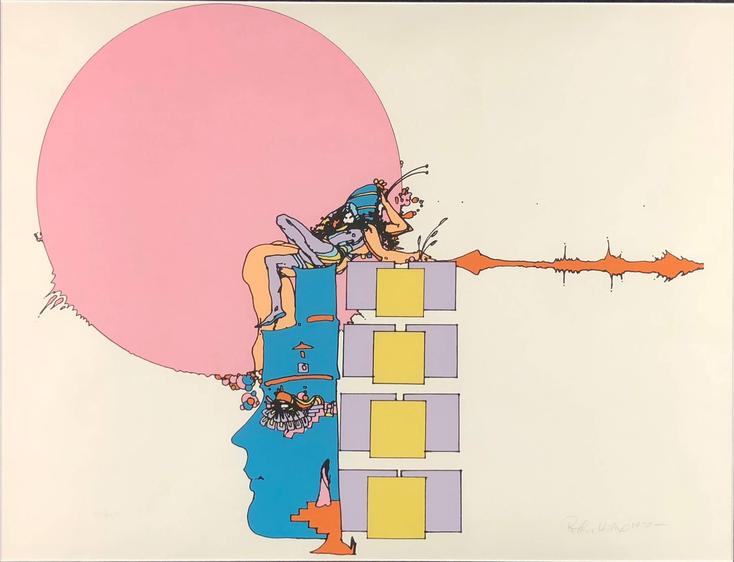 Peter Max Figurative Print - Blue Profile with Pink Orb