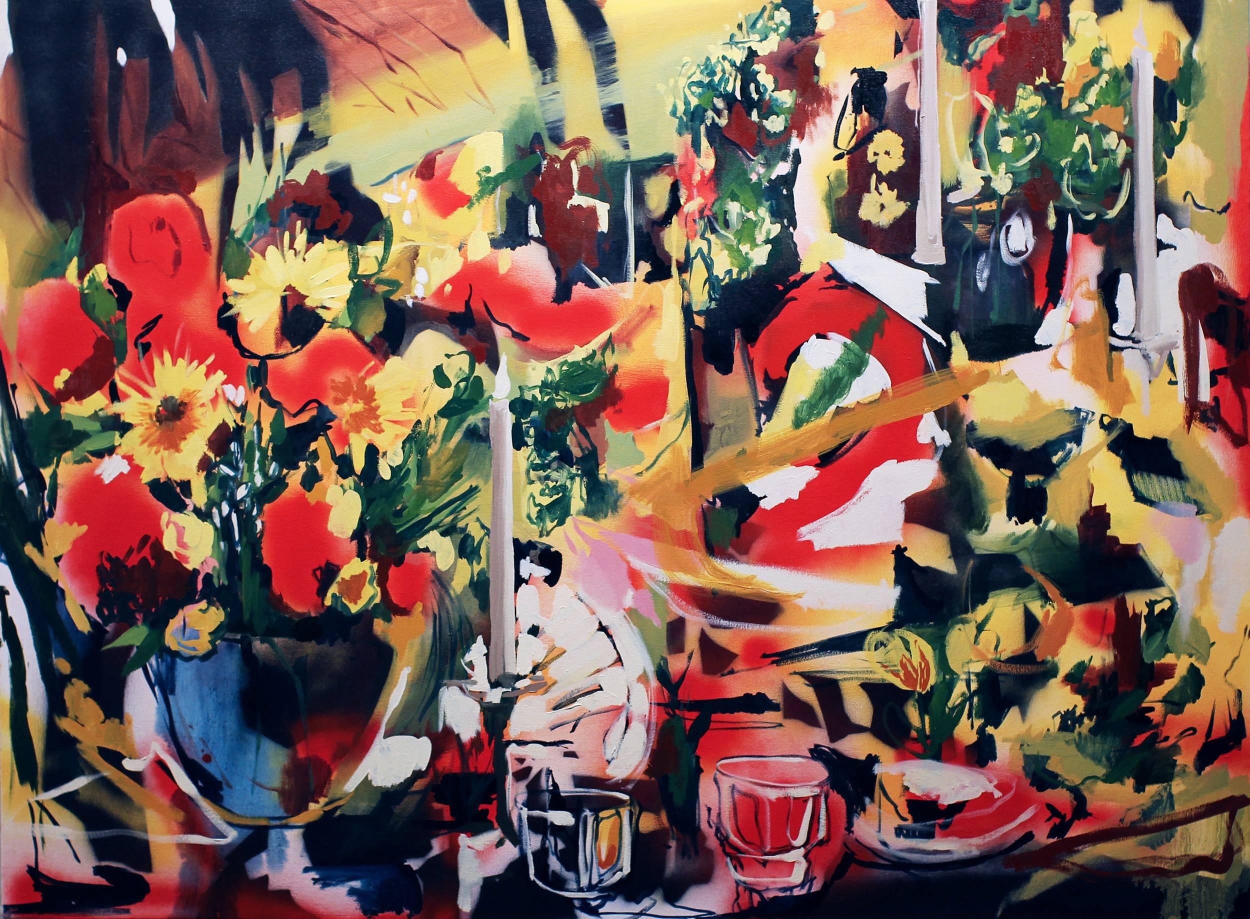 Nikki Woods Abstract Painting - Contemporary Oil Painting with Florals, "Manhattan Multiplex"