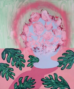 Contemporary Oil Painting in Pink, Blue and Green Hues, "Monstera Deliciousa"