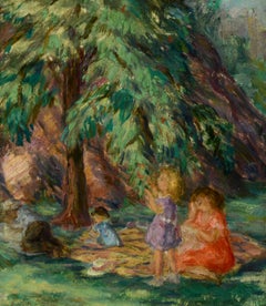 "Central Park Picnic, " Lydia Freeman Cooley, New York, figurative, ca 1930's