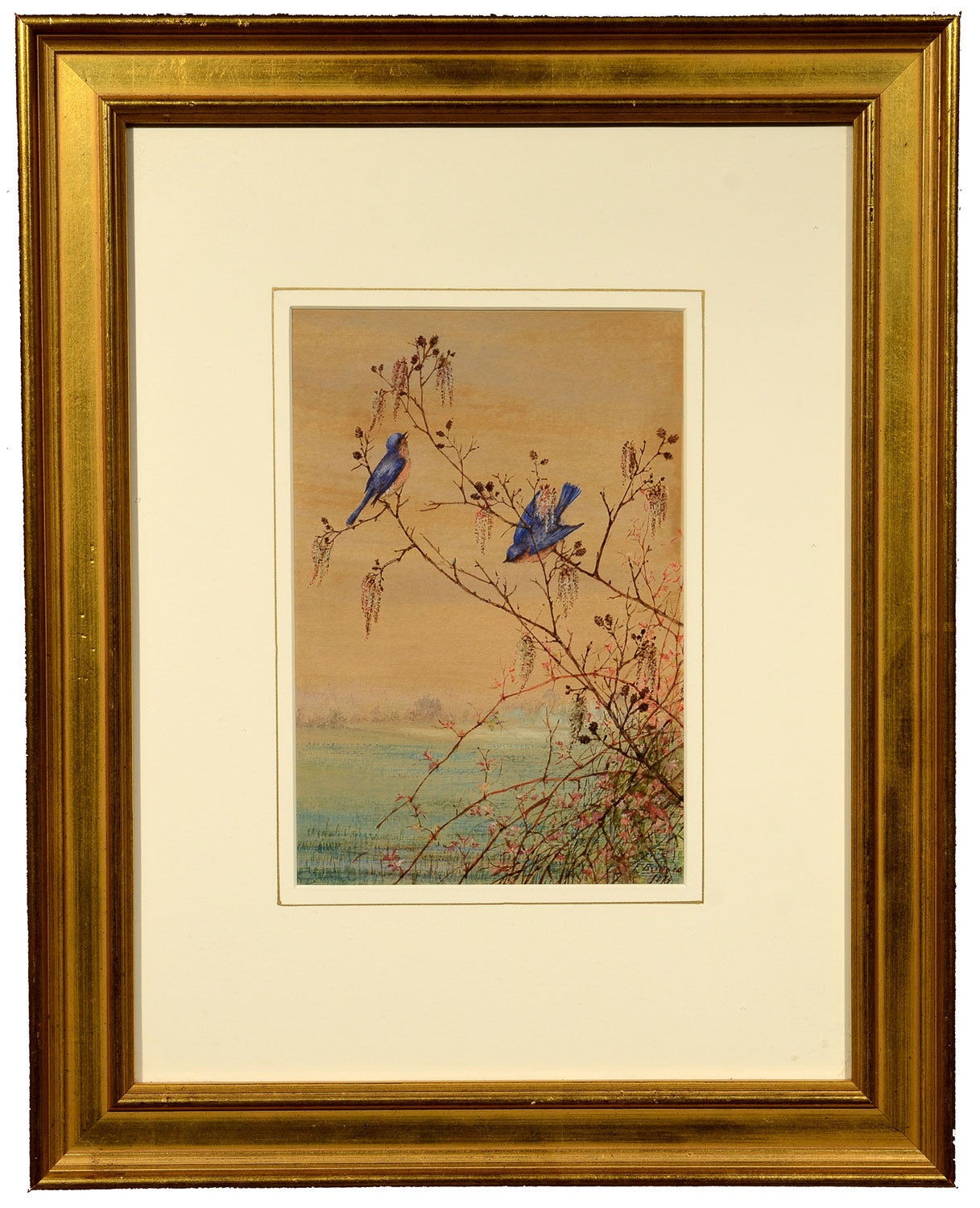 Fidelia Bridges Landscape Painting - Bluebirds on a Branch