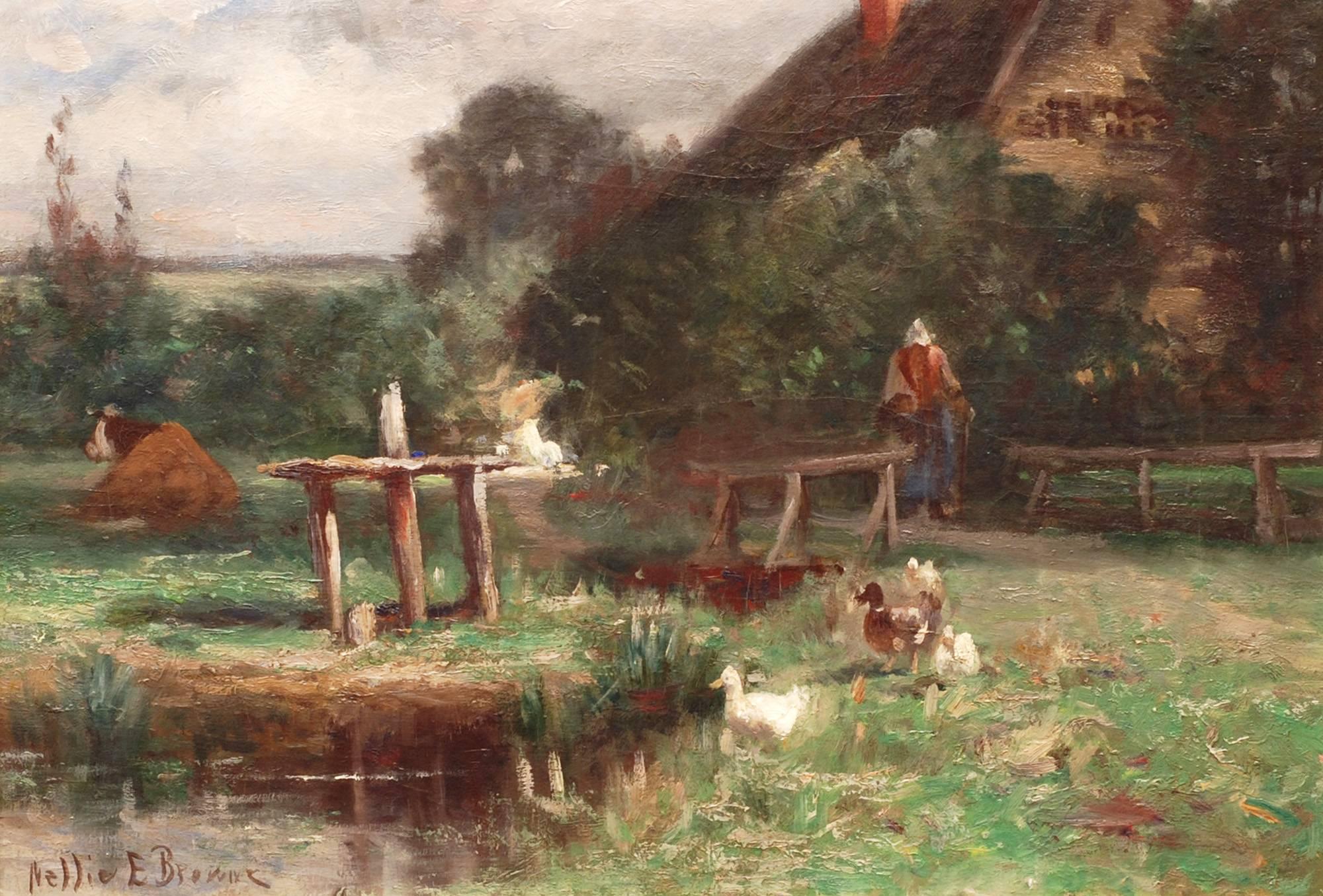 Nellie E. Brown (fl. 1890-1910) Landscape Painting - In the Farmyard