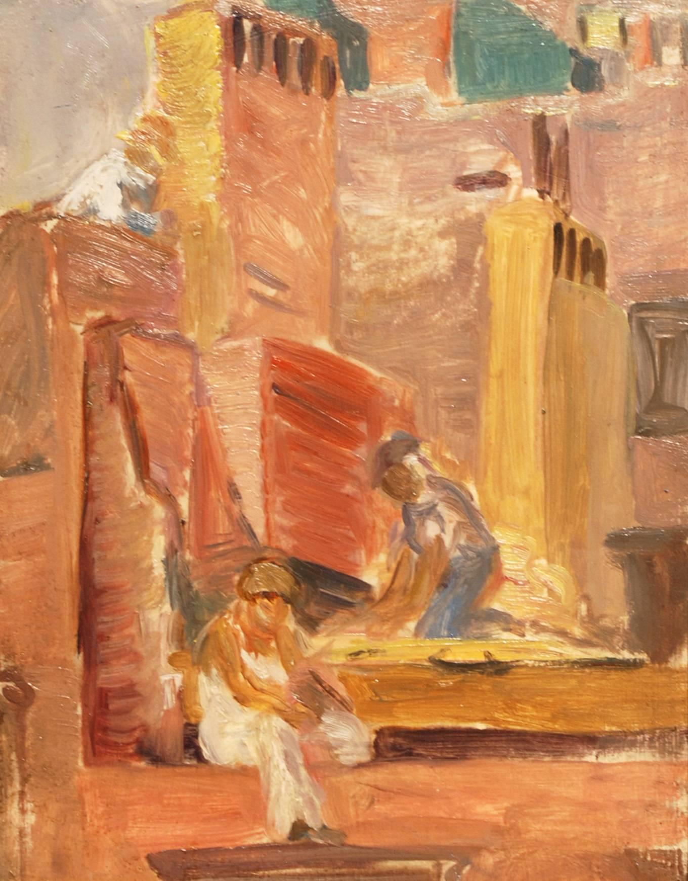 "Construction Workers, " Lydia Freeman Cooley, oil, figurative, ca 1930's