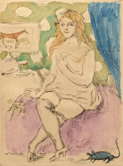 Vintage "Dame de la Nuit, " Jules Pascin, hand-colored etching, 1920-30, figurative