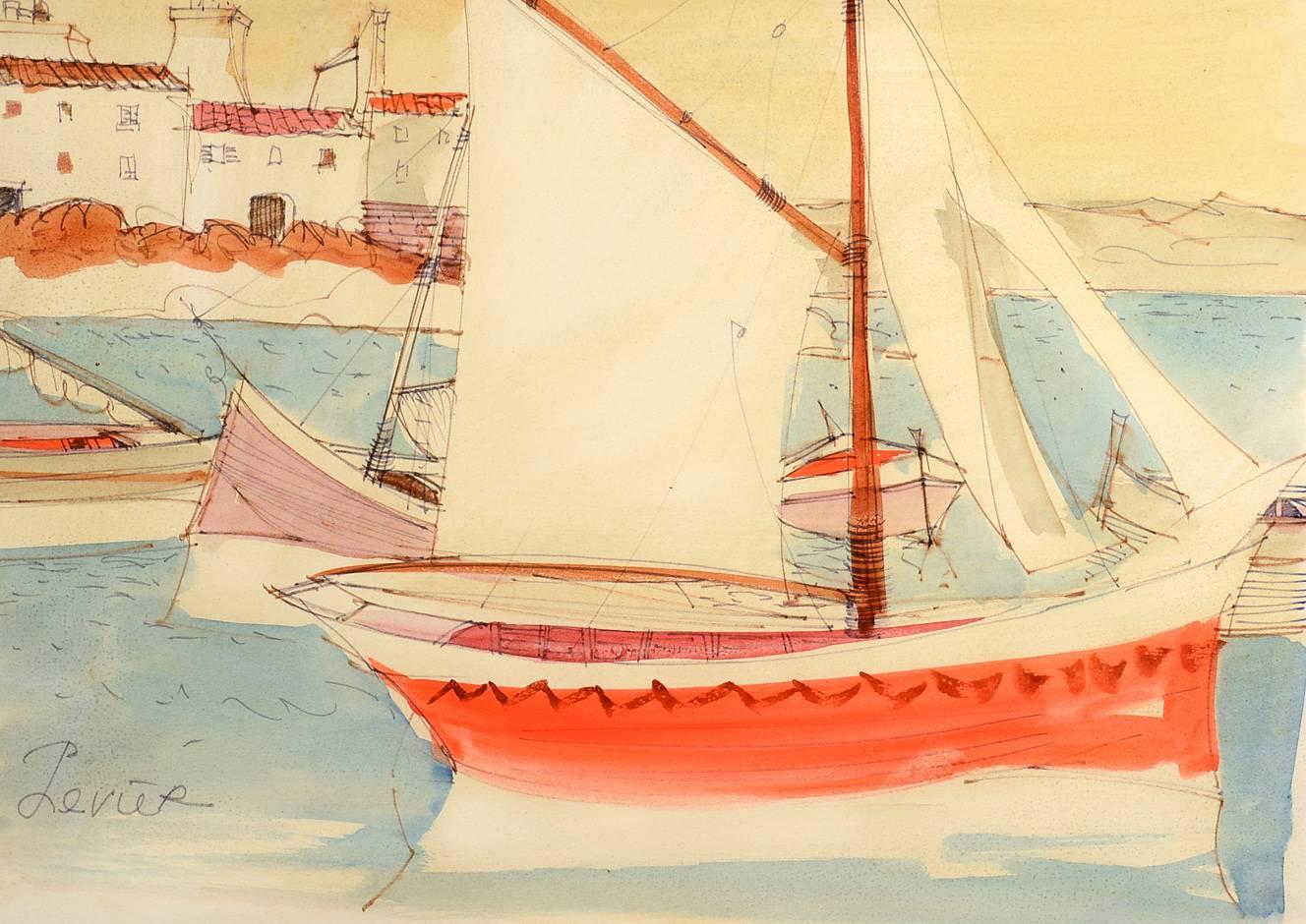 Charles Levier Landscape Art - Red Sailboat, Côte d'Azur