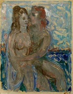 "Lovers," George Zachary Constant, oil monotype, figurative, modern, ca 1960's