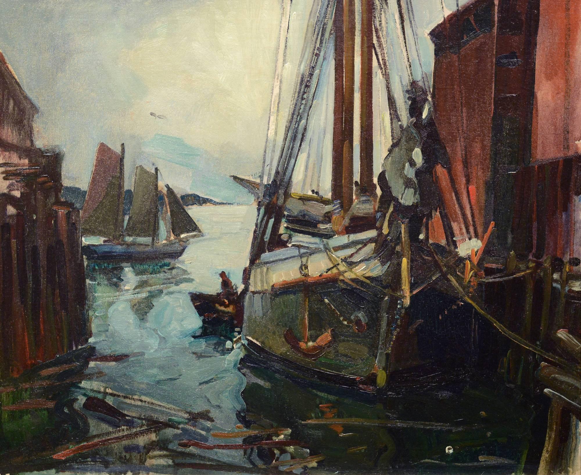 William Lester Stevens Landscape Painting - Fishing Boats at Harbor