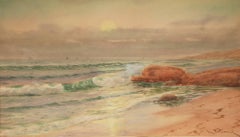 Antique "Sunrise Over Prout's Neck," Jesse Leach France, watercolor, coastal, Maine