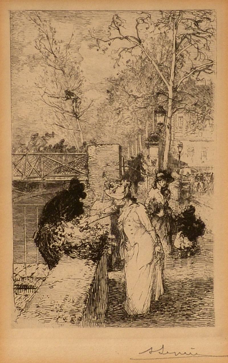 "Flower Seller, Paris, " Auguste Louis Lepère, etching, ca. 1890-1900, figurative