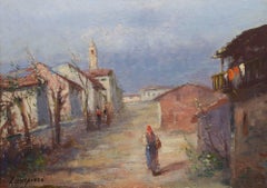 "Road Through the Village, " Alberto Zampieri, oil, figurative, landscape, 1930s