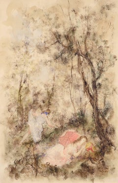 "Frolic in the Forest" Gian Piero Restellini, watercolor, italian, impressionism