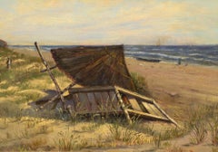 "On the Beach, " Hans Schleich, oil, seascape, beach scene, ca 1870-80, realist
