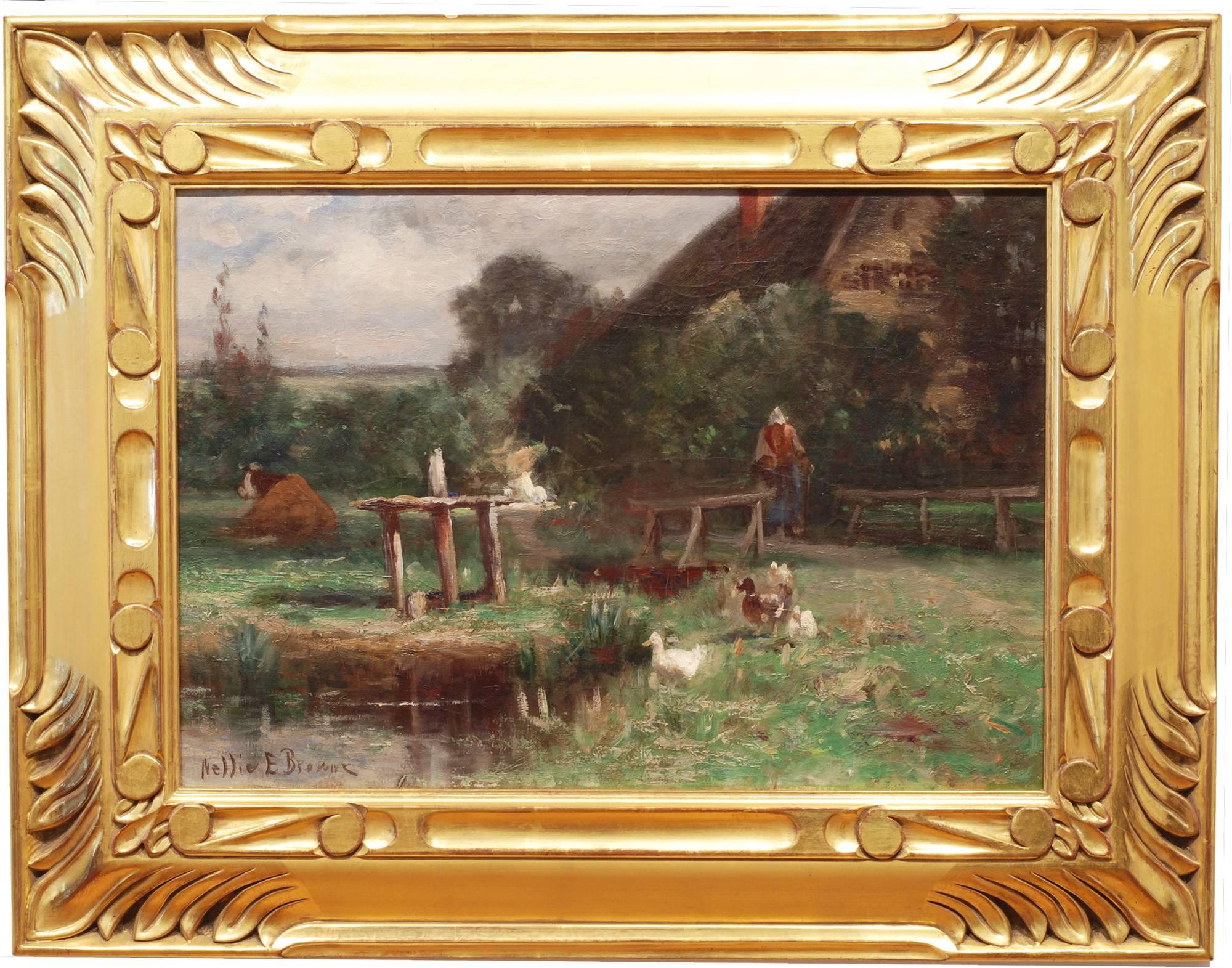 Dans la cour de la ferme - Painting de Nellie E. Brown (fl. 1890-1910)