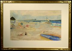 "Day at the Beach, " Ethel Louise Paddock, pastel, modernist, beach scene, 1940's