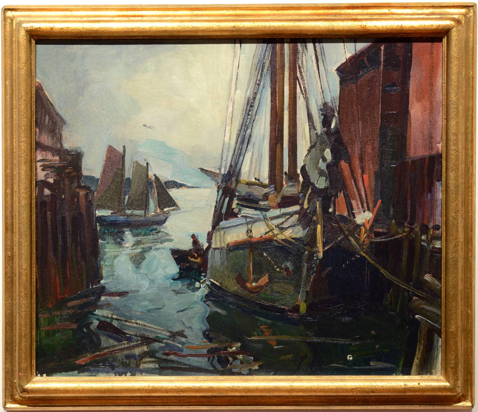 Fishing Boats at Harbor - Painting by William Lester Stevens