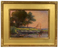 "Punt on the River, " William Dennis, impressionist, 1910-20, rural landscape