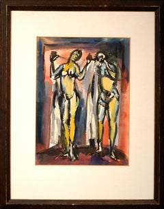 "Two Figures," Aldo Colo, Italian, gouache, watercolor, modern