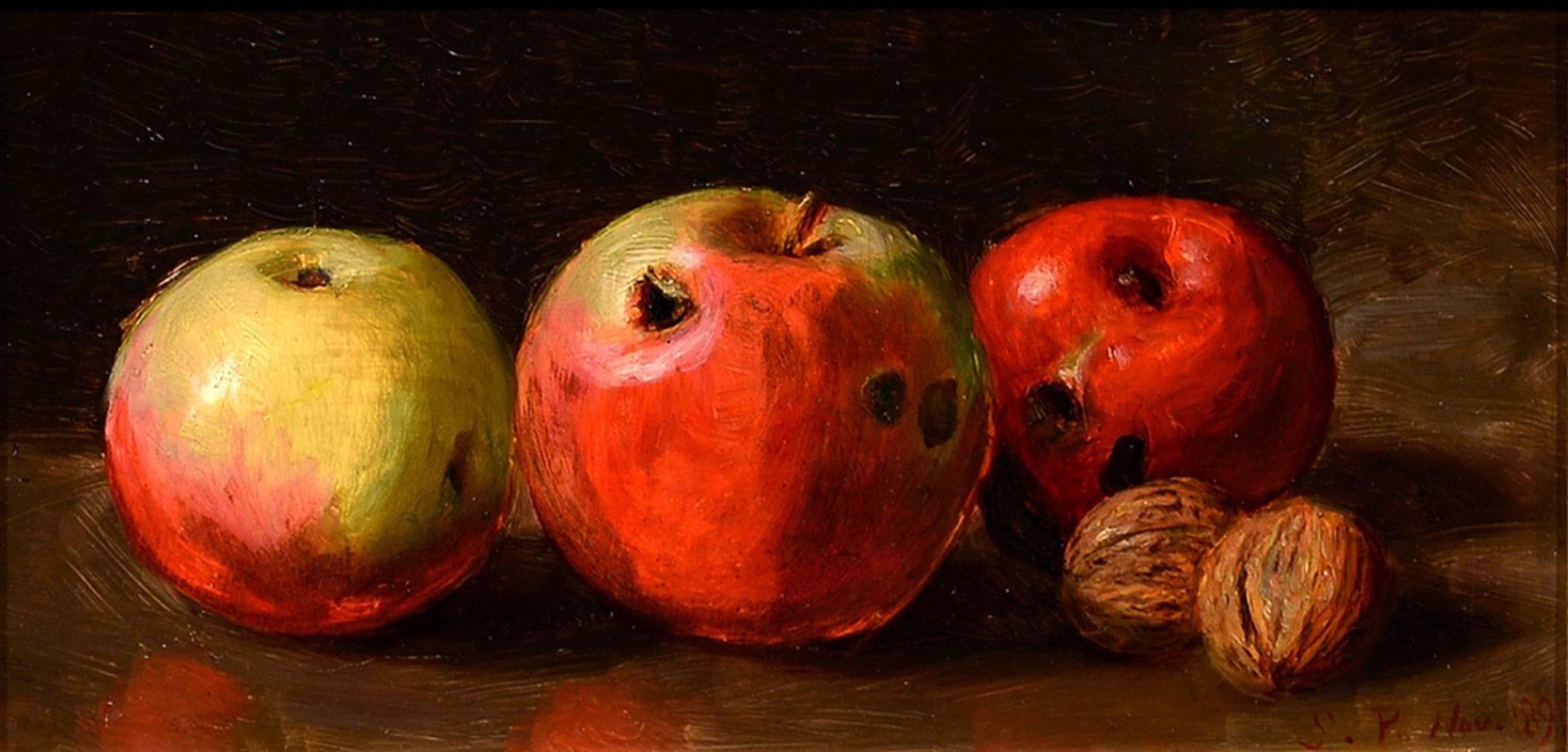 Unknown Still-Life Painting - "Still Life of Apples and Walnuts, " oil painting, ca 1889, realist, still life