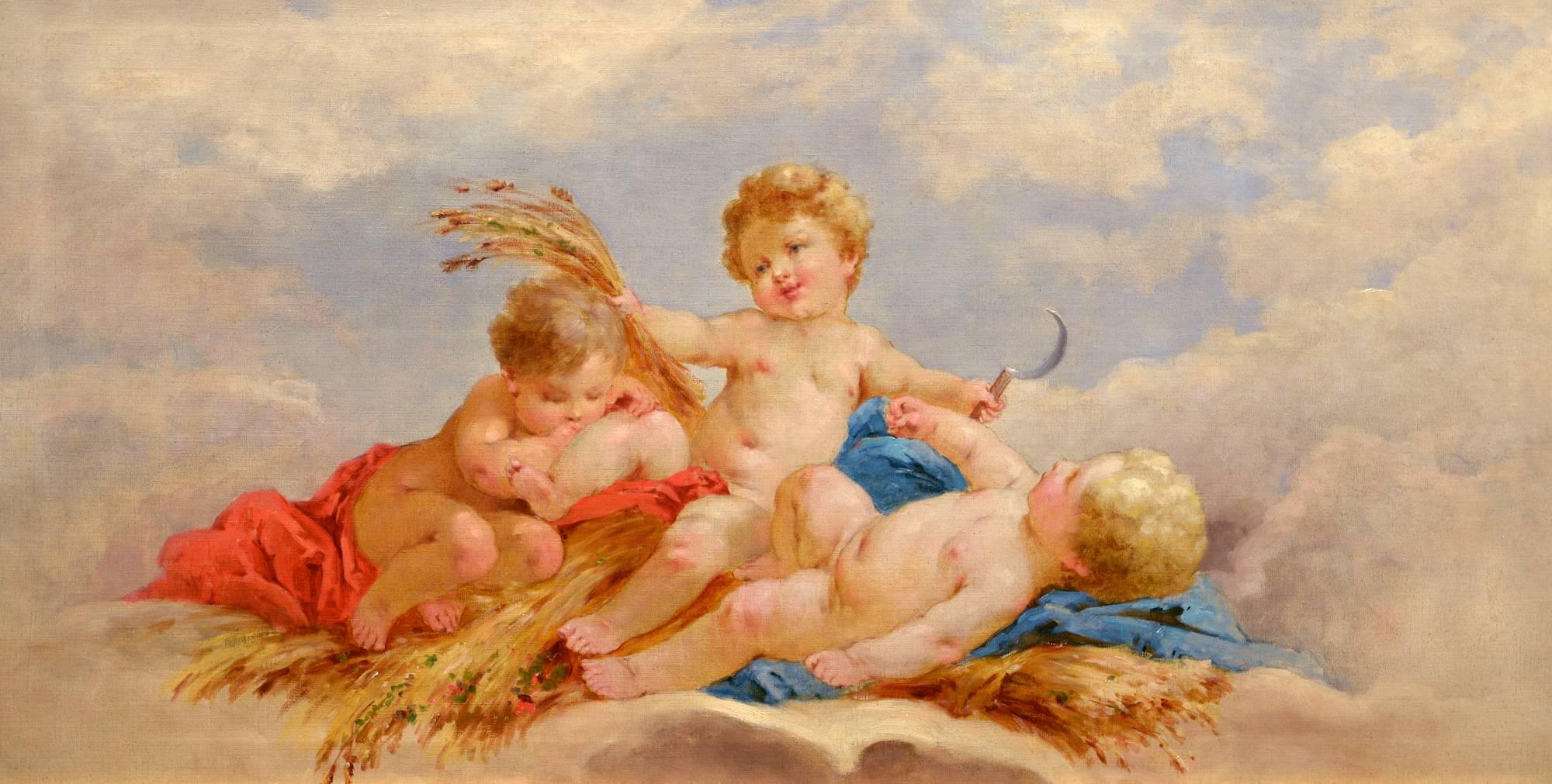 Unknown Figurative Painting - "Three Putti, " Impressionist, oil, 19th century, French Academic Painting
