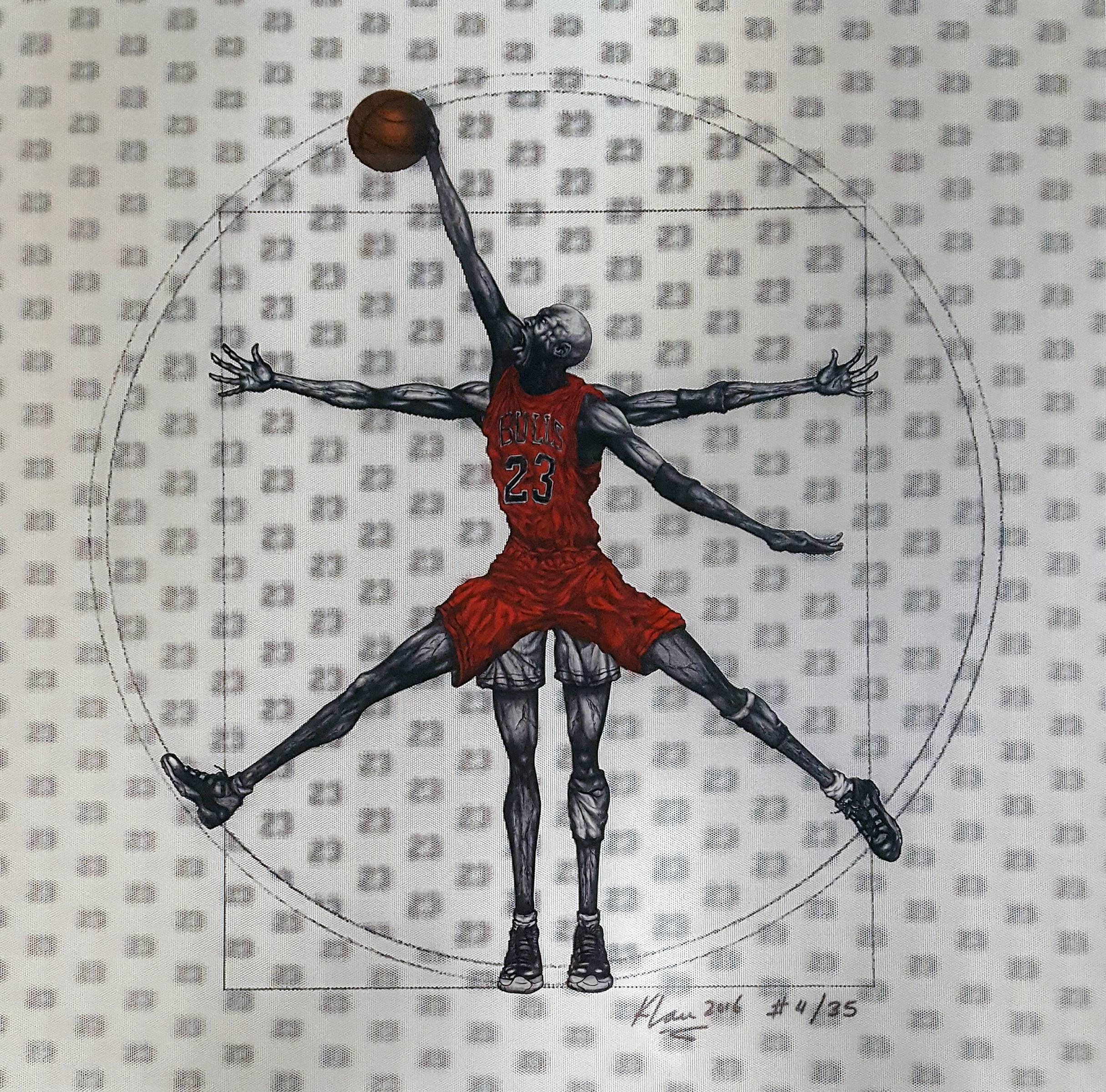 Klau Figurative Painting – Michael Jordan Vitruvianischer Sportler – Rot  Ausgabe 4/35