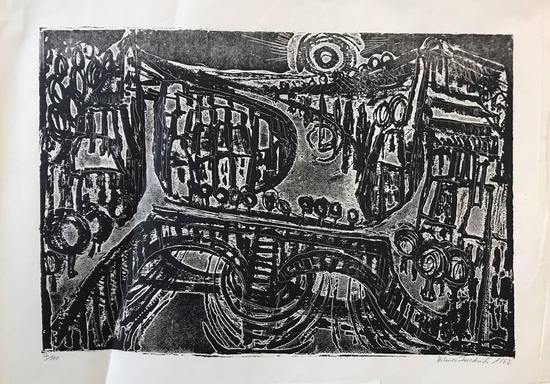 Hilmar Friedrich Abstract Print - Untitled: Black and White Lithograph (Edition 4/100)