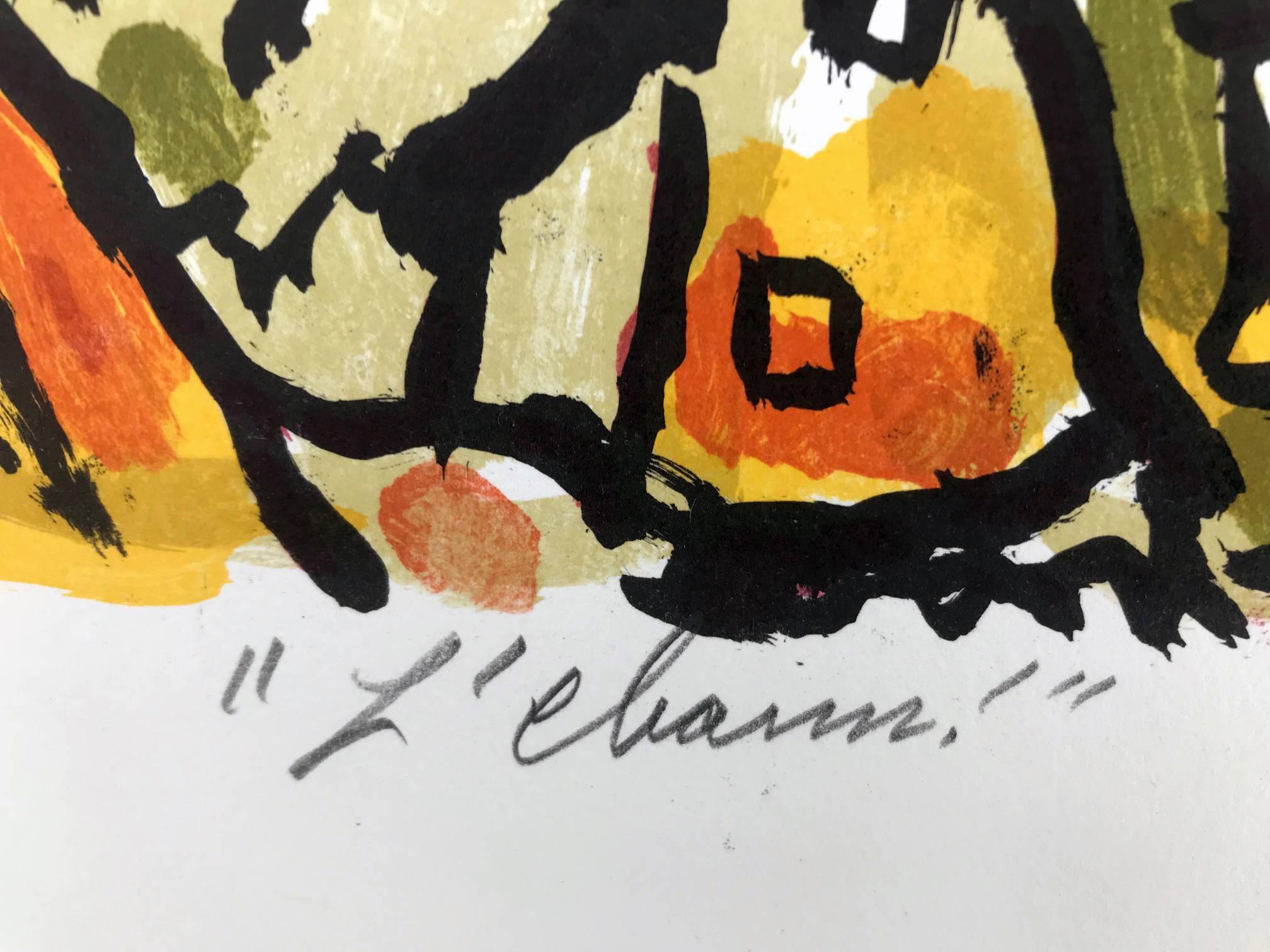 George Stauch (American b. 1900), " Untitled" Edition 2/300, Abstract Color Lithograph signed in pencil, 20 x 24, Late 20th Century

Colors: White, Red, Brown, Yellow, Green, Orange, Black

* Possible piece title "L'Chaim"