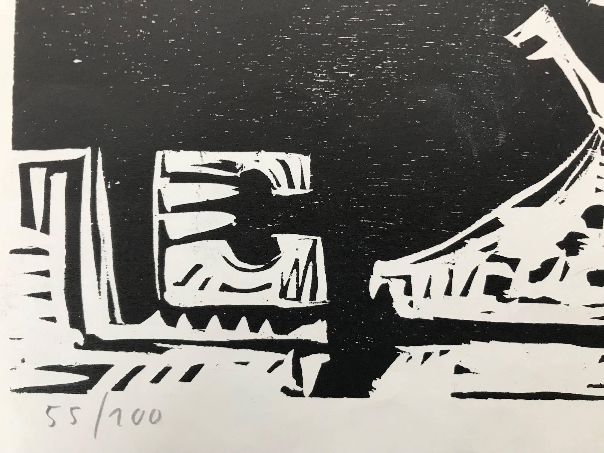 Black and White Woodcut Composition (Edition 55/100) - Gray Print by Naghi Naghashian