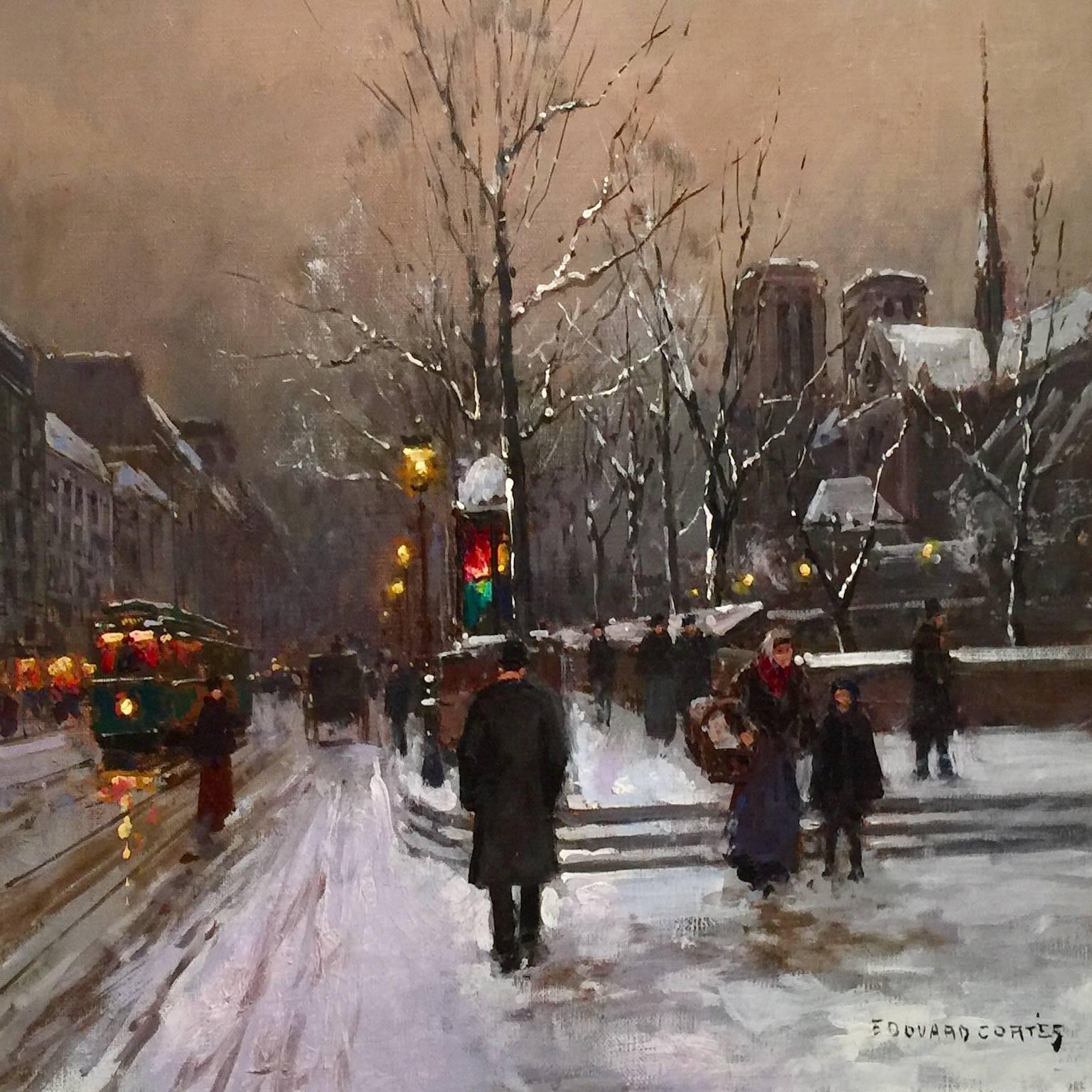 Snow Scene, Paris - Painting by Édouard Leon Cortès