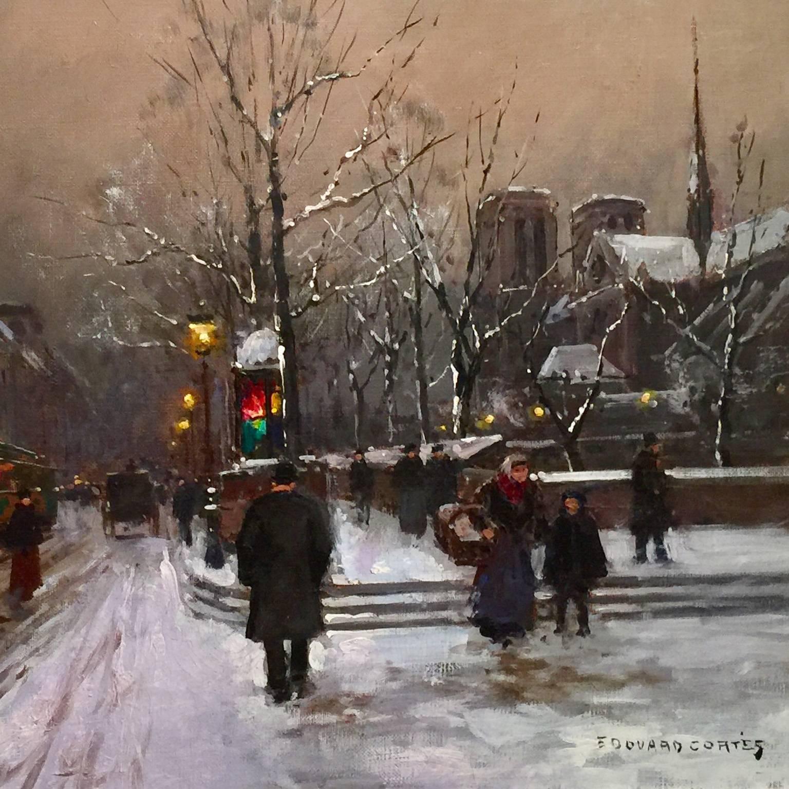 Snow Scene, Paris - Post-Impressionist Painting by Édouard Leon Cortès