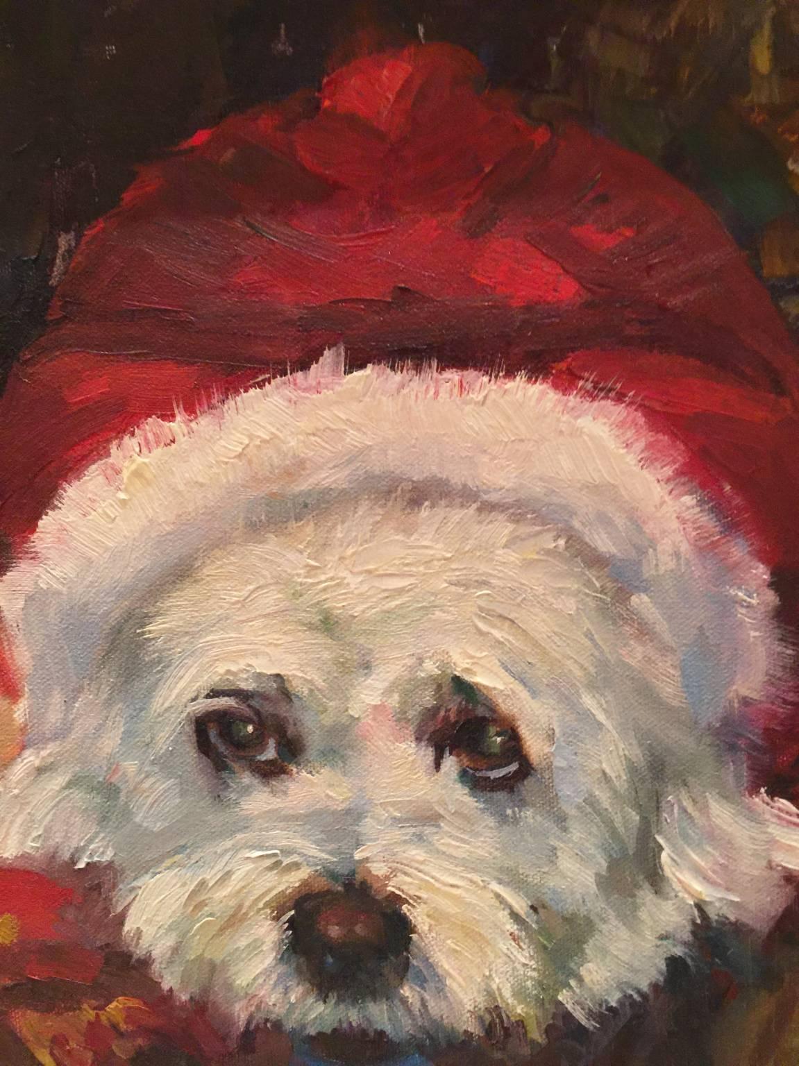 Dog in Santa Hat - Post-Impressionist Painting by Zorica Joy