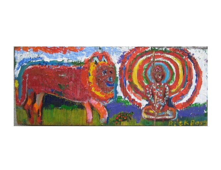 Rick Borg Figurative Painting - Lion, Turtle, Buddha