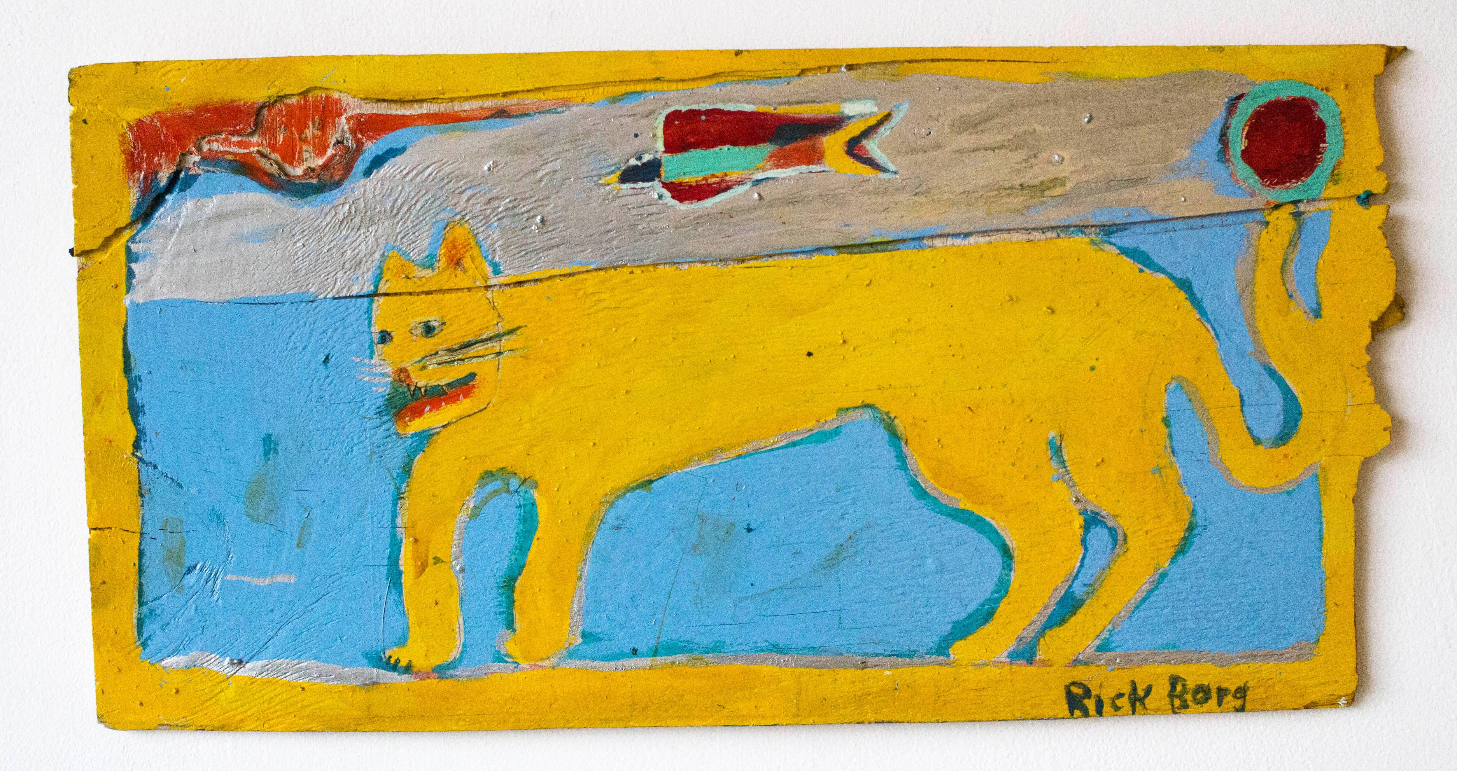 Bright Yellow Cat  Folk Art on Found Wood - Mixed Media Art by Rick Borg